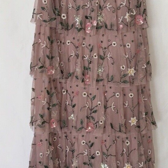 NWT Mac Duggal 9069 Pink Beaded Chiffon Ruffle Tiered Maxi Dress sz 10 reg 698 - Picture 10 of 11